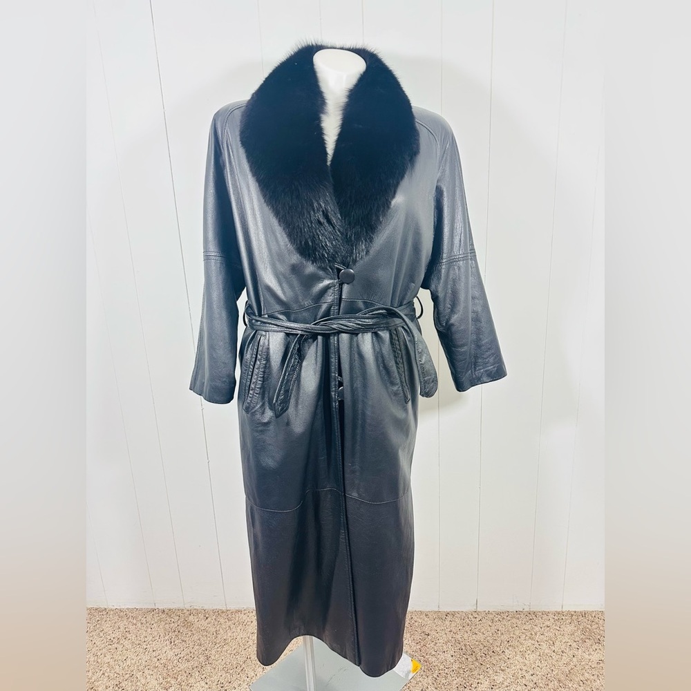 VTG Katie Full Length Womens Sz M Soft Leather Coat With Fox Lined Collar Belted